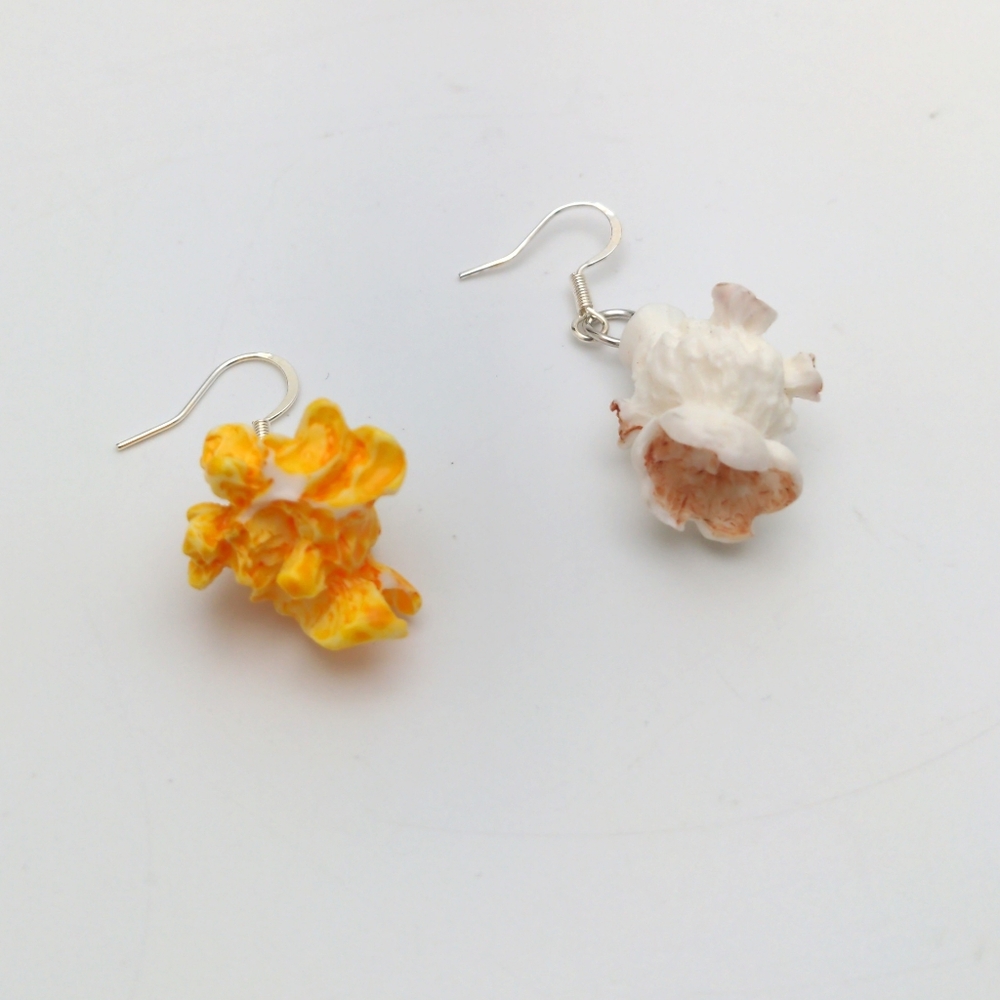 Realistic Popcorn Kernel Dangle Earrings - Yellow & White